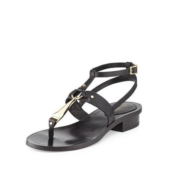 Pour La Victoire Acadia Sandal Black Leather Gold Thong Toe Ankle Strap … - Picture 1 of 6